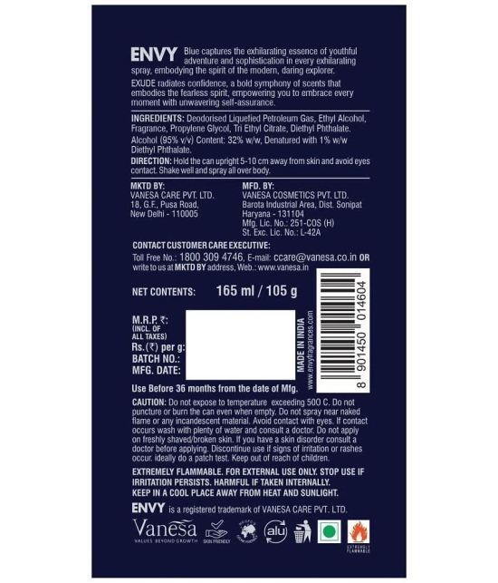 Envy Blue Exude Deodorant Spray for Men 165 ml ( Pack of 1 )