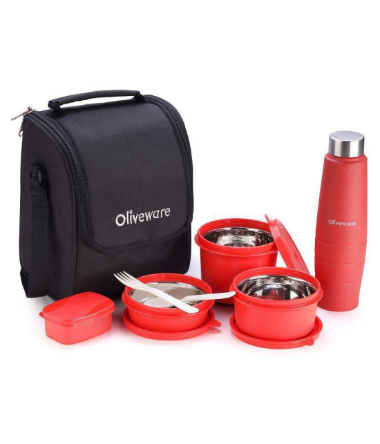 Oliveware Teso Lunch Box with Bottle 3 Stainless Steel Containers and Pickle Box and Assorted Steel Bottle -Black