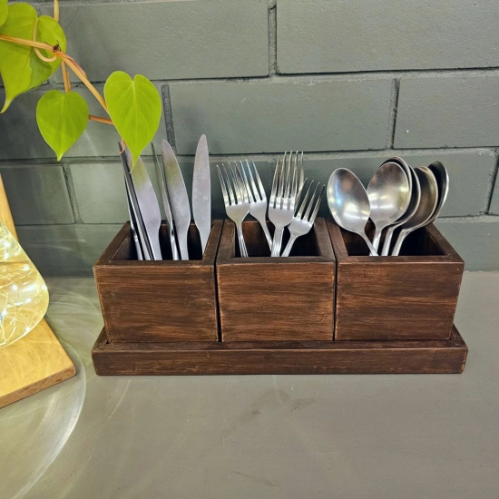 BARISH - Cutlery Holder Small | Spoon Stand for Kitchen | Cutlery Holder for Dining table | Wooden Caddy Storage Organiser Stand with 2 section