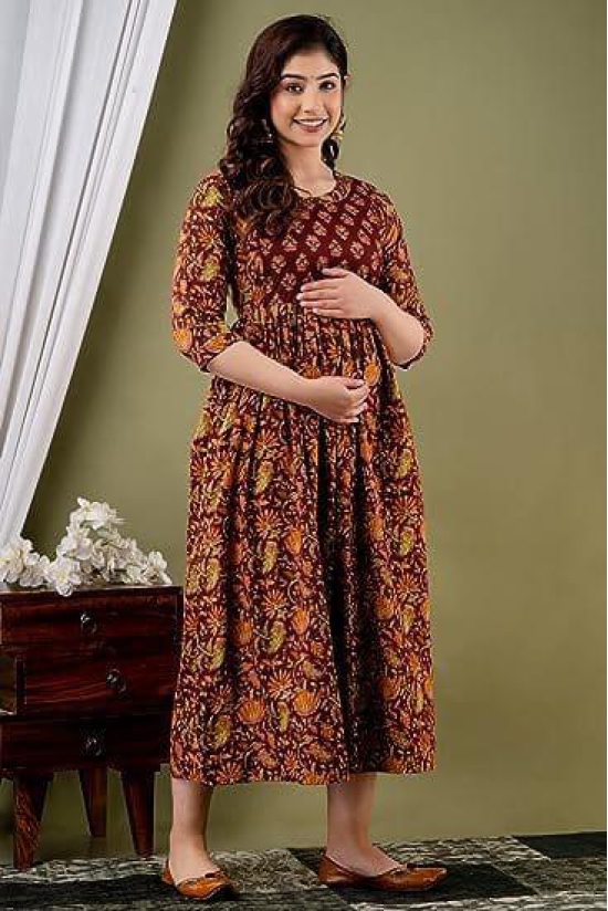 KASHVI Creation Women's Cotton Floral Printed Maternity Feeding Kurti -Maroon