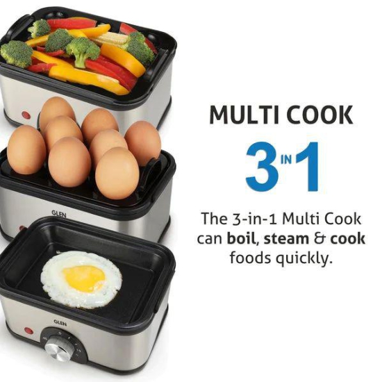 Glen 3 in 1 Electric Multi Cooker - 3035MC | Egg Boiler - Steam, Cook & Boil | Grey & Black | 1 Pc