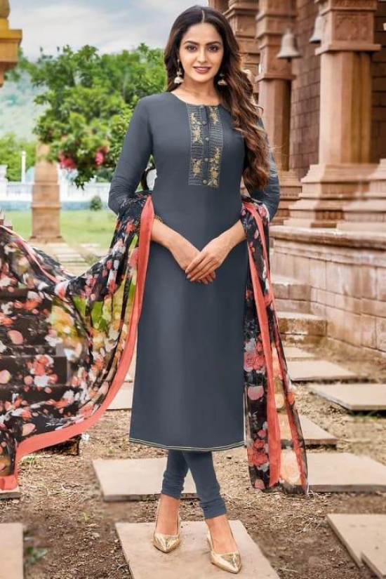 Chanderi Cotton Charcoal Grey Churidar Suit