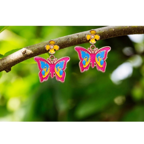 Dark Pink Butterfly Earrings with Flower Studs