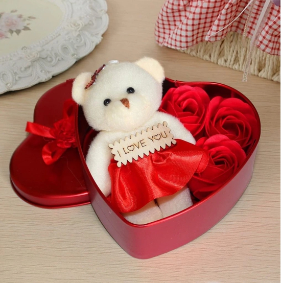 Teddy and Roses(3 Pieces Roses 1 Small Bear Doll)/ Heart Shaped Gift Tin Box containing Teddy and Roses with Love Message/Heart Shape Tin Box ( Red / Pink )