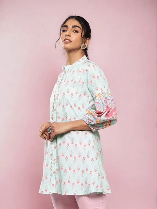 Sea Green & Pink Mandarin Collar Printed Tunic