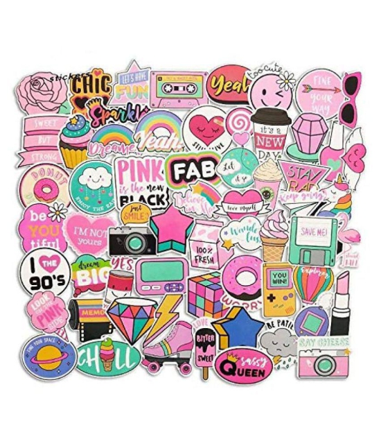 iDream Girls Kawaii Pink Fun PVC Waterproof Sticker for Toys, Mobile, Laptop, Luggage, Moto Car, Suitcase etc. (Set of 60)