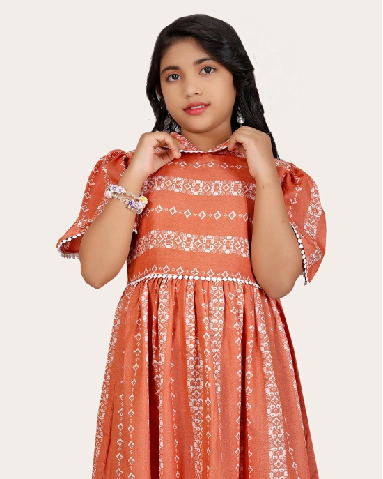 Girls Cotton Unique Design Printed Knee Length A-Line Dress-Orange / 10 - 11 Years