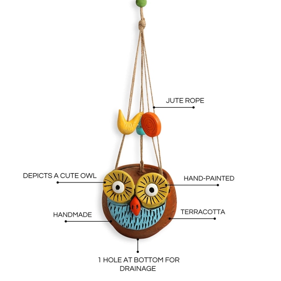 Night Owl Hanging Planter Pot In Terracotta (5.6 Inch, Handmade & Hand-Painted, Brown)