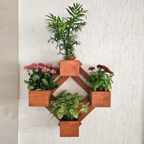 BARISH - Wall Mounted Planter - Diamond | Handcrafted with Rubberwood | Indoor Planter Frame with Stand 25 x 25 x 6 Inches