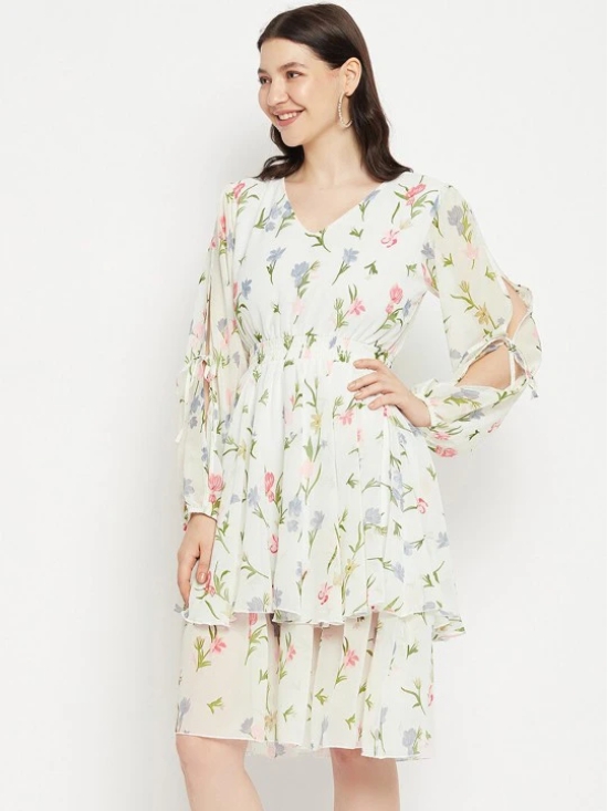 Floral Printed Puff Sleeves Fringed Layered Fit & Flare Dress