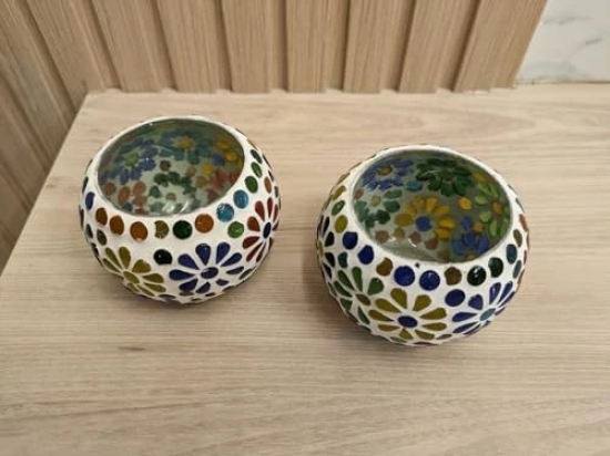 Aarna Creations Mosaic Tea Light Stand| Handcrafted Turkish Candle Stand | Tea-Light Bowl (Set of 2) (Flower)