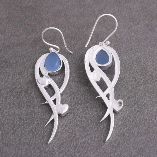 Rhodium Plated Blue Chalcedony Designer Earrings For Women