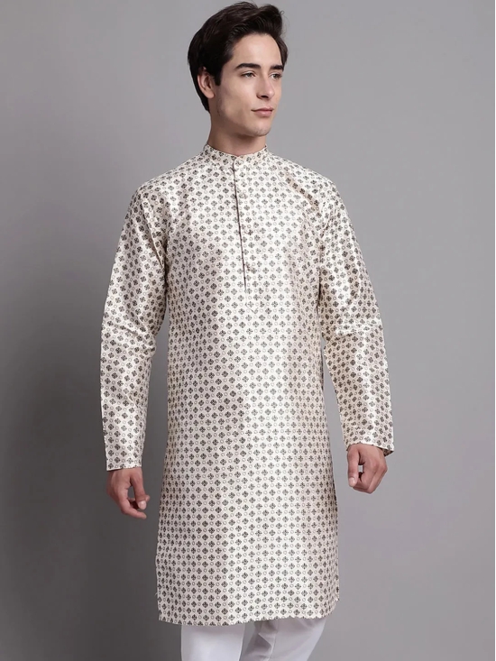 Men's Grey Printed Silk Blend Kurta-XXL / White