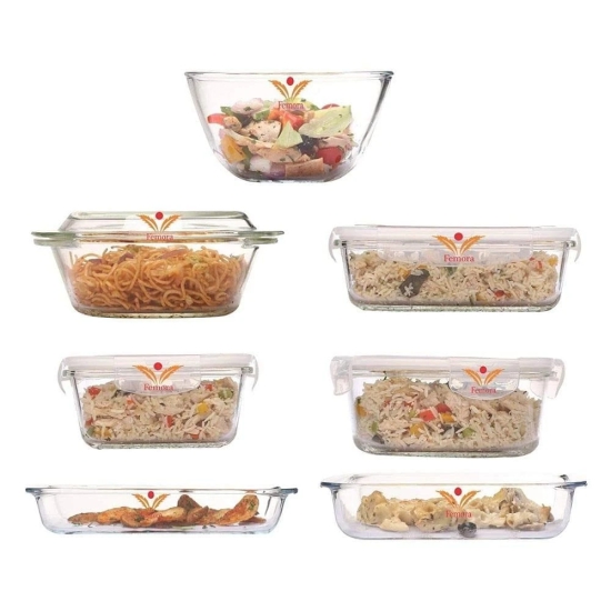 Femora Borosilicate Glass Kitchen Microwate Set (1 Mixing Bowl, 1 Casserole, 1 Square Container , 1 Rectangular Container, 1 Round Container, 1 Square Dish, 1 Rectangular Dish), Small Size, Transaparent