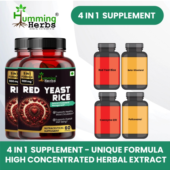 Humming Herbs Red Yeast Rice 500mg - Natural Cholesterol Support with CoQ10, Policosanol & Lycopene - Promotes Heart Health & Blood Circulation - Pack of 2