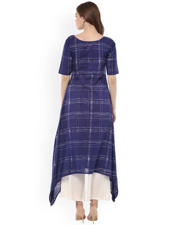 Women Blue Checked A-Line Asymmetric Kurta