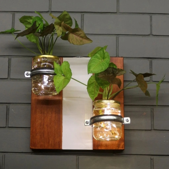 Barish Home DECORS - Wall Planter Set of 2 Jar | Wall Mounted Planter with 2 Glass Jars | 2 Glass Jar Planter with L.E.D Copper Wire String | Handcrafted with Rubberwood