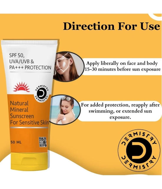 Dermistry Natural Mineral Based Sunscreen SPF 50 UVA UVB PA+++ Sun Protection Moisturizer Sensitive & Dry Skin-50ml