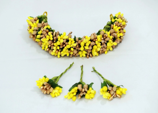 SHG Fashion Art Handmade Yellow Artificial Veni Flowers with 3 Pins (Yellow with gold)