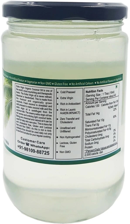 Farm Naturelle -100 % Pure Organic Extra-Virgin Cold Pressed Coconut Oil (Glass Bottle - 600 ml)