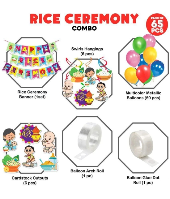 Zyozi Annaprasanam Swirls Hanging with Happy Rice Ceremony Banner and Balloon,Cardstock Cutout,Rice Ceremony Decorations Items,Baby Photoshoot Props for Rice Ceremony(Pack of 65) - Multi-Col