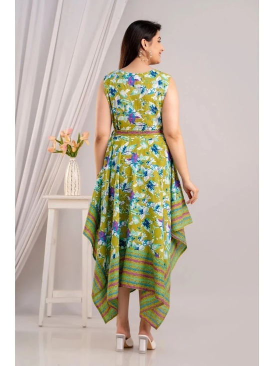 Frionkandy Cotton Printed Ankle Length Womens Asymmetric Dress - Green ( Pack of 1 ) - None