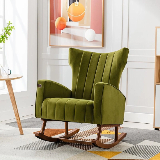 Wooden Velvet Accent Rocking Chair (Green)-Green