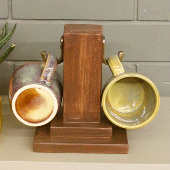 BARISH - Mug Holder (2 Mugs) | Table Top Wooden Cup Holder with 2 Hooks | Handcrafted with Rubberwood | Stand for Coffee Mugs