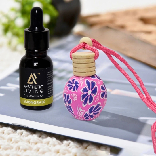 Aesthetic Living Floral Car Aromatizer/ Diffuser Bottle with Essential Oil (Multi Shape Floral-8 ml+ Lemongrass Essential Oil, 15 ml)