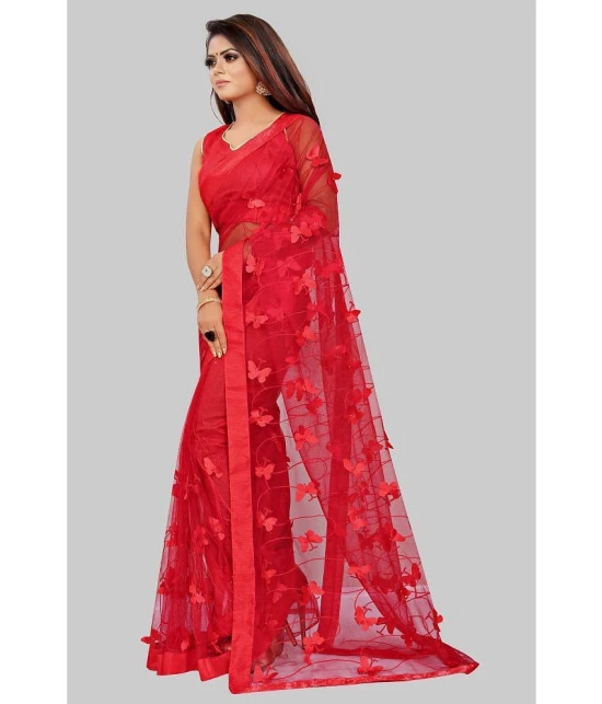 Gazal Fashions - Red Net Saree With Blouse Piece ( Pack of 1 ) - Red