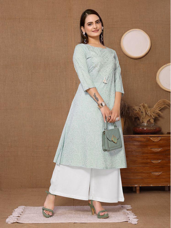 Rangita Women Rayon Mint Green Embroidered Calf Length A-line Kurti - None