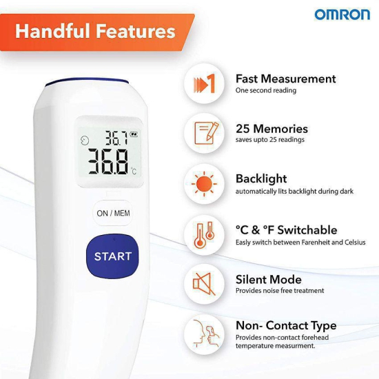 Omron MC 720 Non Contact Digital Infrared Forehead Thermometer With 1 Second Quick Measurement, 3 in 1 Measurement Mode, Auto On/off & Backlight