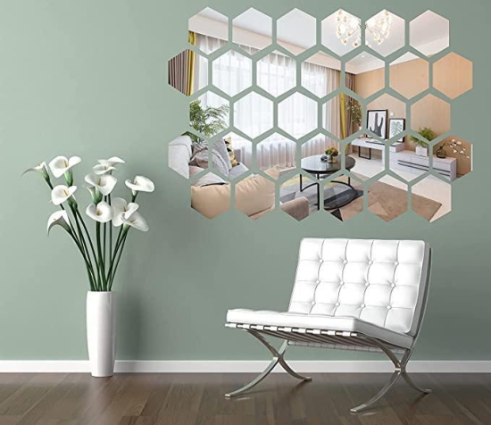 12 Hexagon Silver Mirror Stickers For Wall