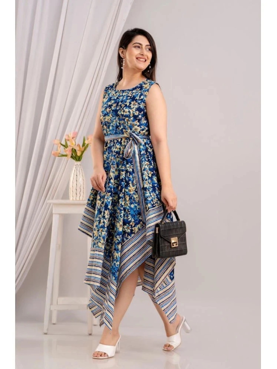 Frionkandy Cotton Printed Ankle Length Womens Asymmetric Dress - Blue ( Pack of 1 ) - None