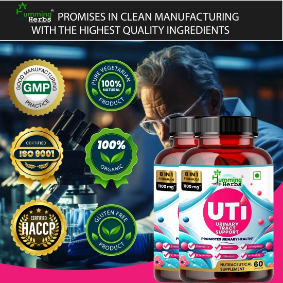 Humming Herbs UTI Wellness Essence 1100mg - Advanced 8-in-1 Urinary Tract Support Formula with Cranberry, D-Mannose, & Probiotics - Promotes Bladder Health & Immunity, 60 Capsules - Pack of 2