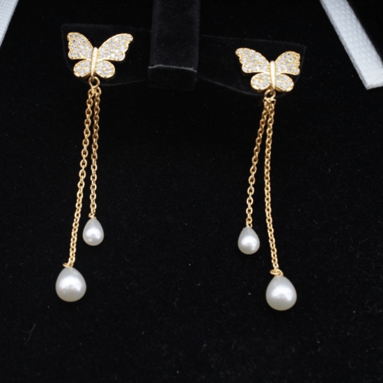 Butterfly earrings gold plated | pearl earrings for women and girls | gold chain link earring