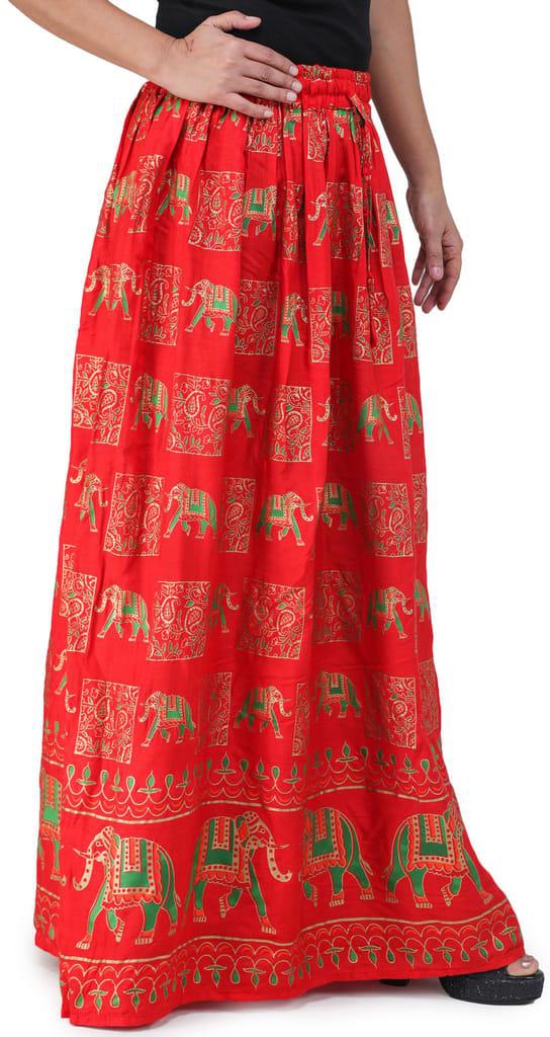 Flame-Scarlet Digitally Printed Casual Skirt with Motifs of Elephants And Flowers From Pilkhuwa