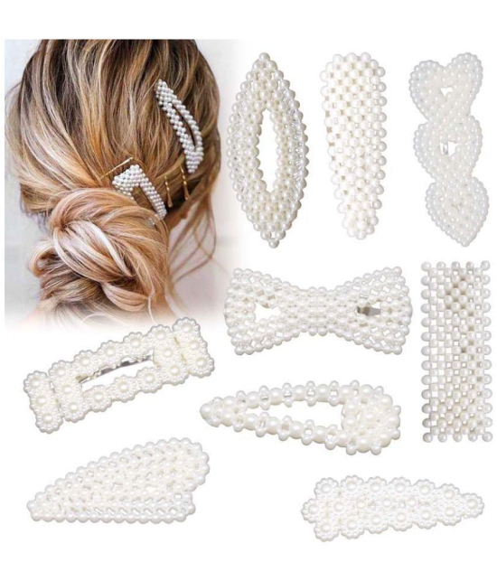 FOK 10 Pcs Pearl Stylish Hair Barrettes Design Hair Styling Clip Pin For Girls & Women - White