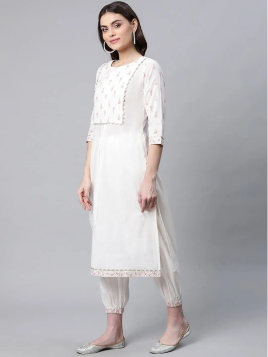 Women Off White Floral Yoke Design Gotta Patti Pure Cotton Kurta with Trousers