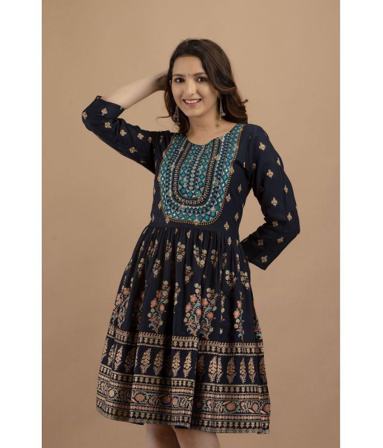 Preksha Rayon Printed A-line Women's Kurti - Blue ( Pack of 1 ) - None