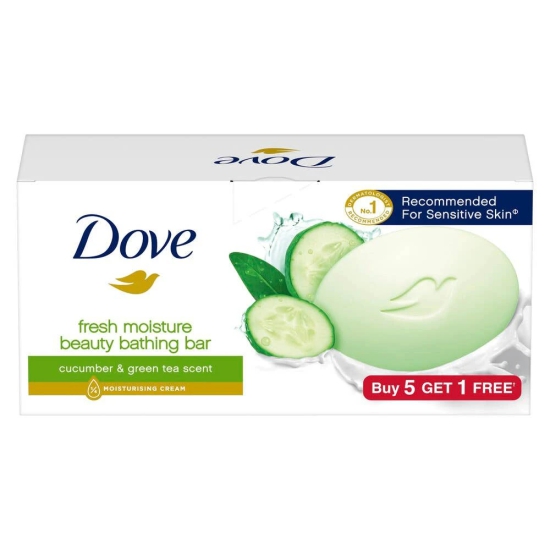 Dove Fresh Moisture Beauty Bathing Soap Bar 75 gm x Pack of 5 + 1 Free, Cucumber And Green Tea, Skin Soft And Refreshed