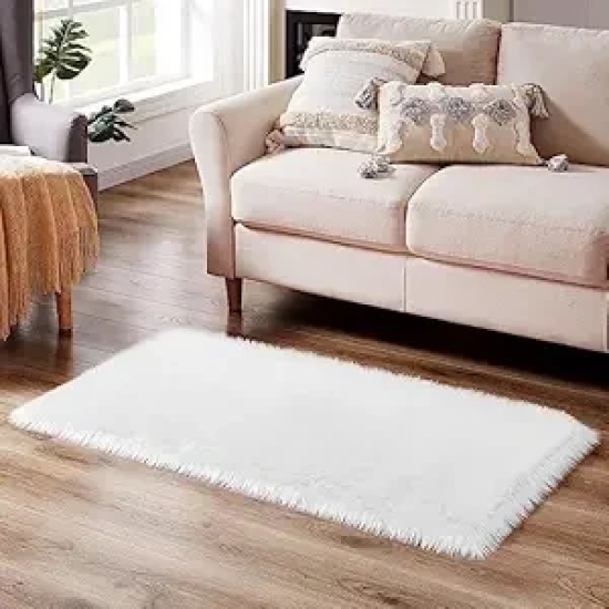 KATHIYAWADI  Sheepskin Rug | Fluffy Soft Faux Fox Fur for Bedroom Living Room Decor | Faux Fur Bedside Rug, Decorative Fur for Chair, Sofa, Bed,Room Decor, Rectangle (60x90 cm - 2x3 Feet - Mat, White)