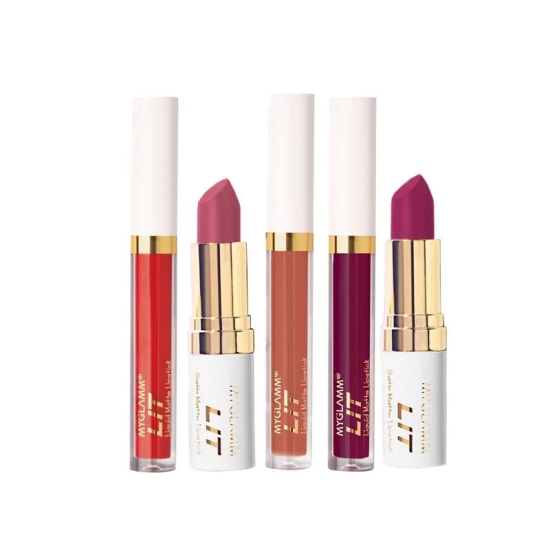 MyGlamm Combo of Satin Matte + LIT Liquid Matte Lipstick Exclusive Combo Partenship | Long Lasting, 3D Lipstick & Smudge-Proof, Hydrating Matte Lipstick