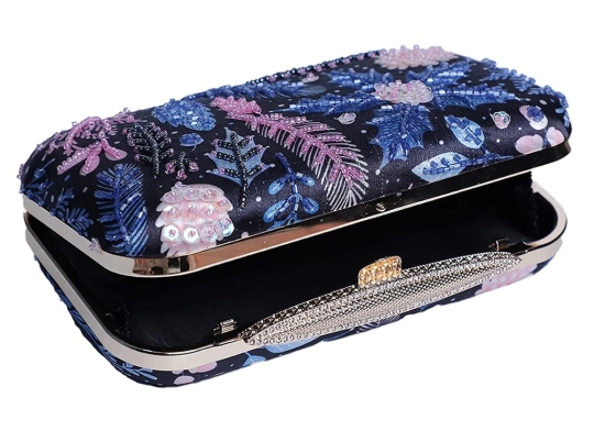 Exclusive Embellished women Hand Clutch cum sling bag (Blue With Multi Color)