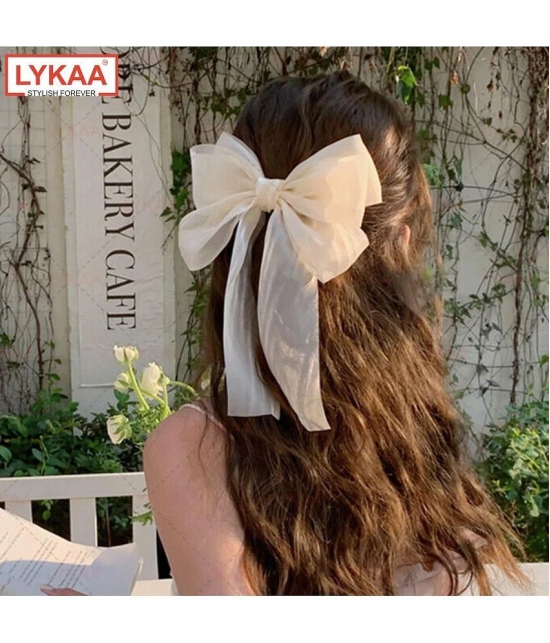 LYKAA Big Satin Layered Hair Bows Long Tail Ribbon Barrettes Clip for Women - Pack of 1 (White) - White