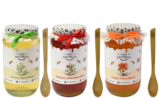 Farm Naturelle-Wild Berry-Sidr , Acacia & Jungle Flower Wild Forest (Jungle) Honey/100% Pure/Raw/Natural/Un-Processed/Un-Heated/Lab Tested/Glass Bottle-(1450X3+Wooden Spoons.) x 3 Sets