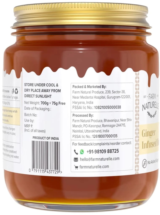 Farm Naturelle Healthy Ginger Infused Honey 700g + 75g Extra |100% Pure Honey| Raw & Unfiltered|Unprocessed|Lab Tested Honey In Glass Jar with Engraved Virgin Wooden Spoon