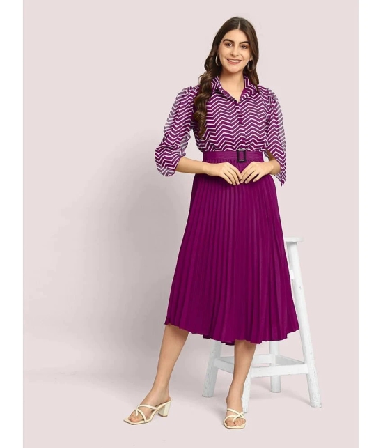 JASH CREATION Polyester Striped Midi Womens Fit & Flare Dress - Magenta ( Pack of 1 ) - None