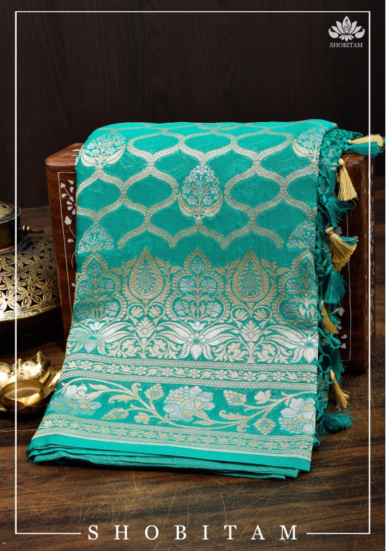 Banarasi Silk Georgette Saree in Alfi Sona Rupa Jaal Weave in Tiffany blue with Stacked border | SILK MARK CERTIFIED | Sarees By Shobitam