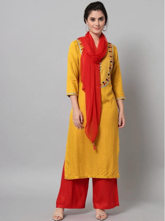 Charming Geometric Printed Mustard Rayon Embroidered Kurta Trouser Set With Dupatta for Women.-SMALL